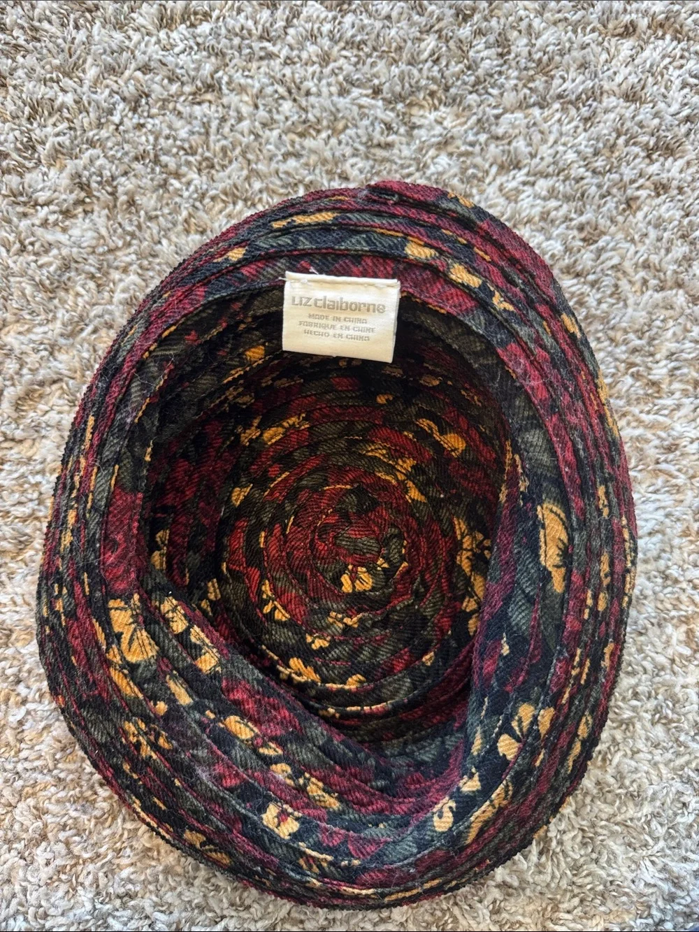 Liz Claiborne Floral Cloche Hat Black Burgundy Gold Vintage Style